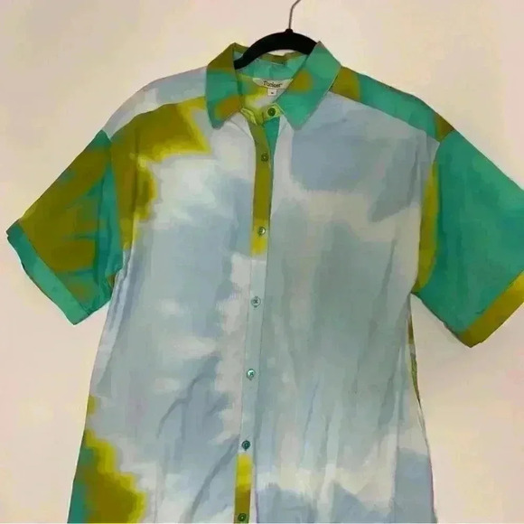 Tucker NYC safari shirtdress-seafoam chartreuse tie dye Oxford cotton sz m 8/10 - Picture 7 of 10